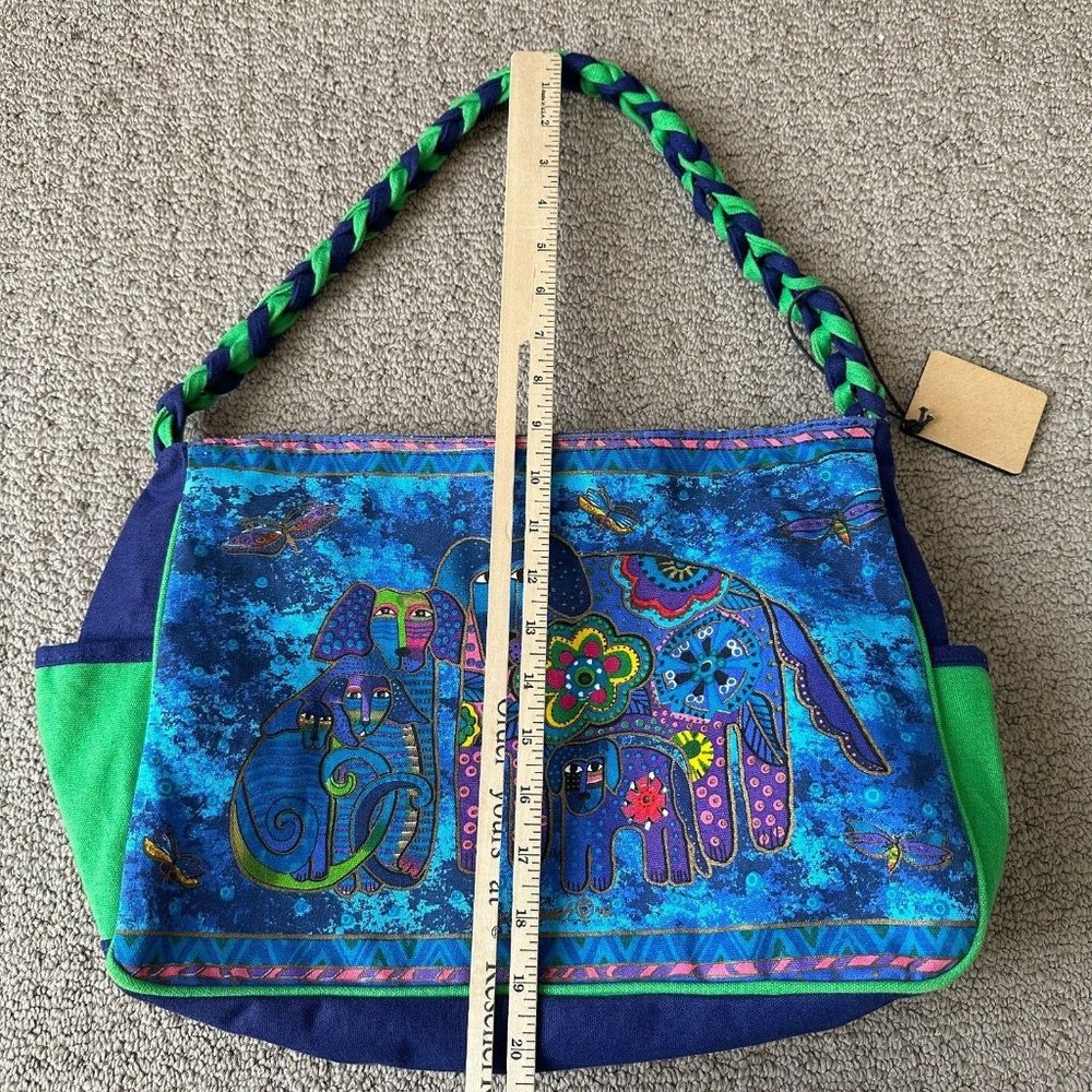 Laurel Burch Purse Shoulder Bag Colorful Vibrant Blue Dogs Sequins Canvas Tote - Picture 8 of 16